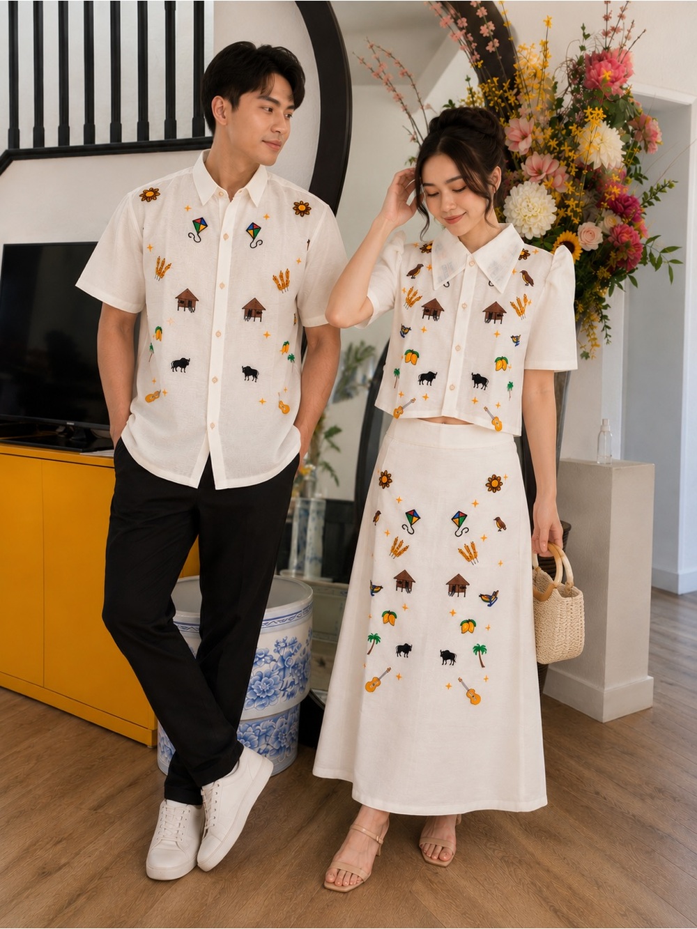 Filipiniana Set Embroidered White Blouse & A-Line Skirt - Picture 5 of 9